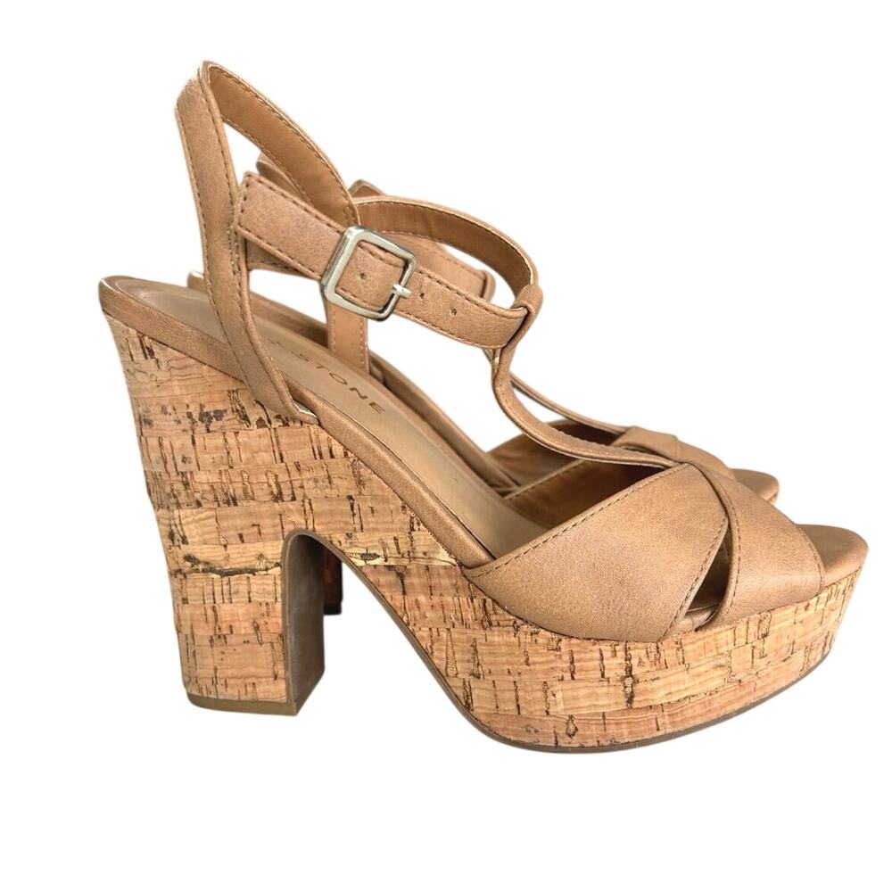 Sun & Stone Jamie t strap platform wedge Sandals tan sz 5.5 coastal cowgirl boho
